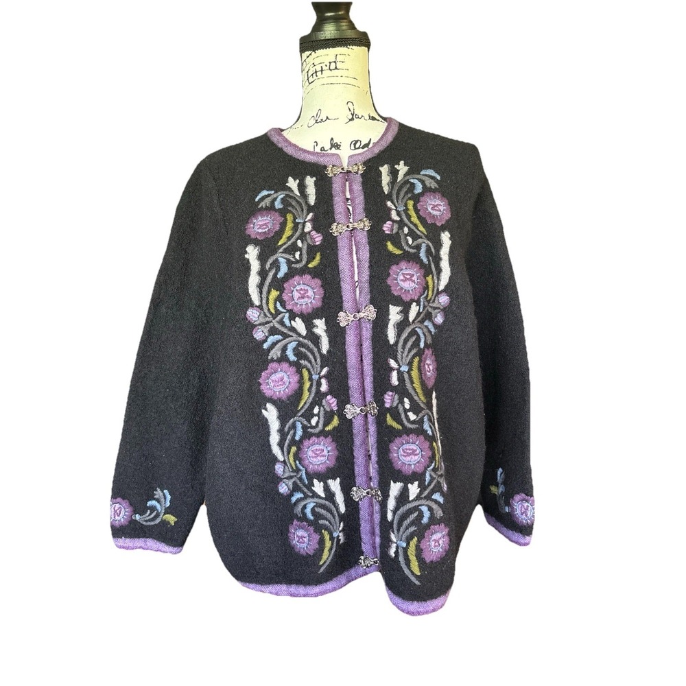Deane + White Black Wool Cardigan With Purple Embroidered Flowers 2X